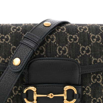 Gucci Jacquard Black Denim GG Monogram Textured Dollar Calfskin Horsebit 1955 Shoulder Bag Black Ivory 8 of 12