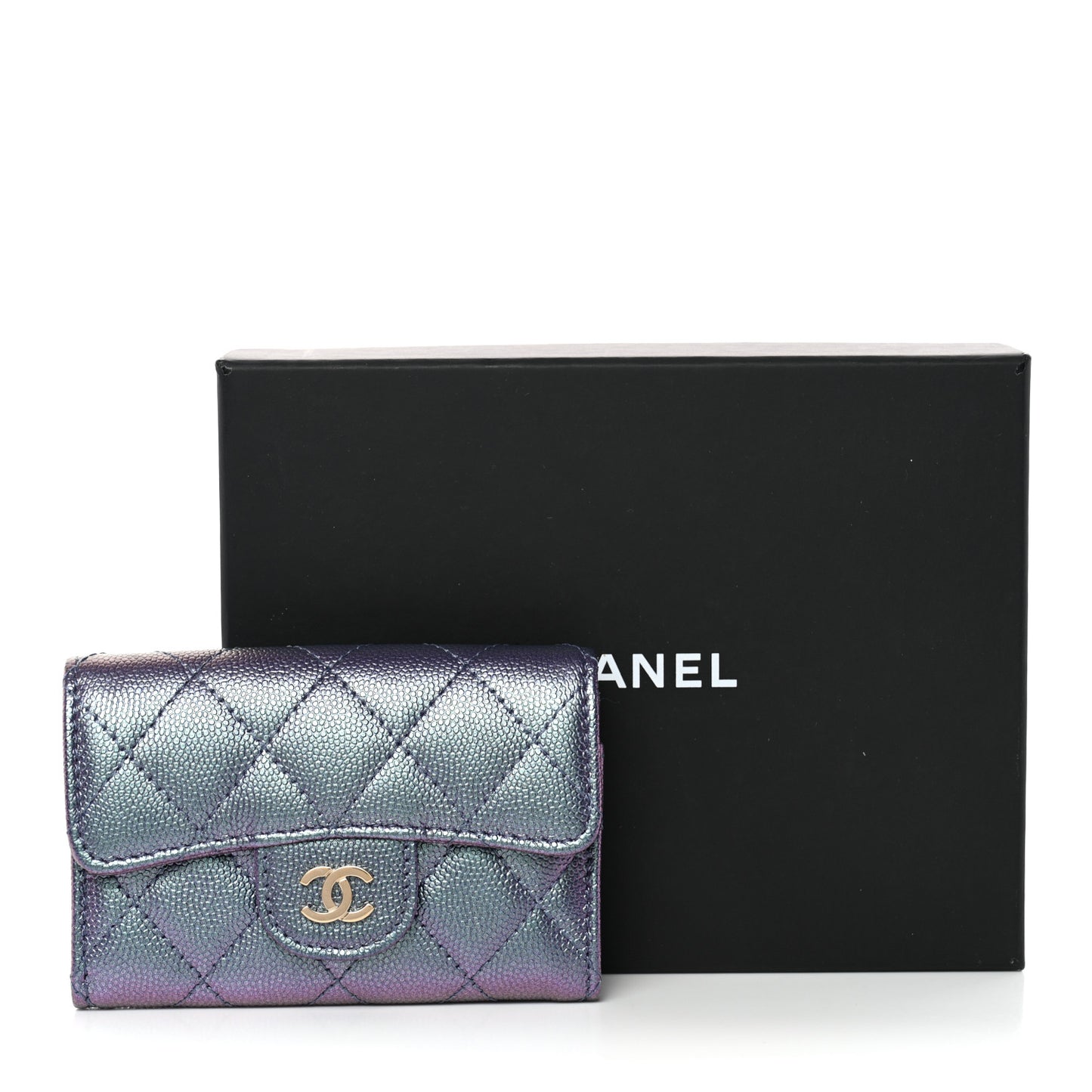 Iridescent Caviar Flap Quilted Card Holder Wallet Purple