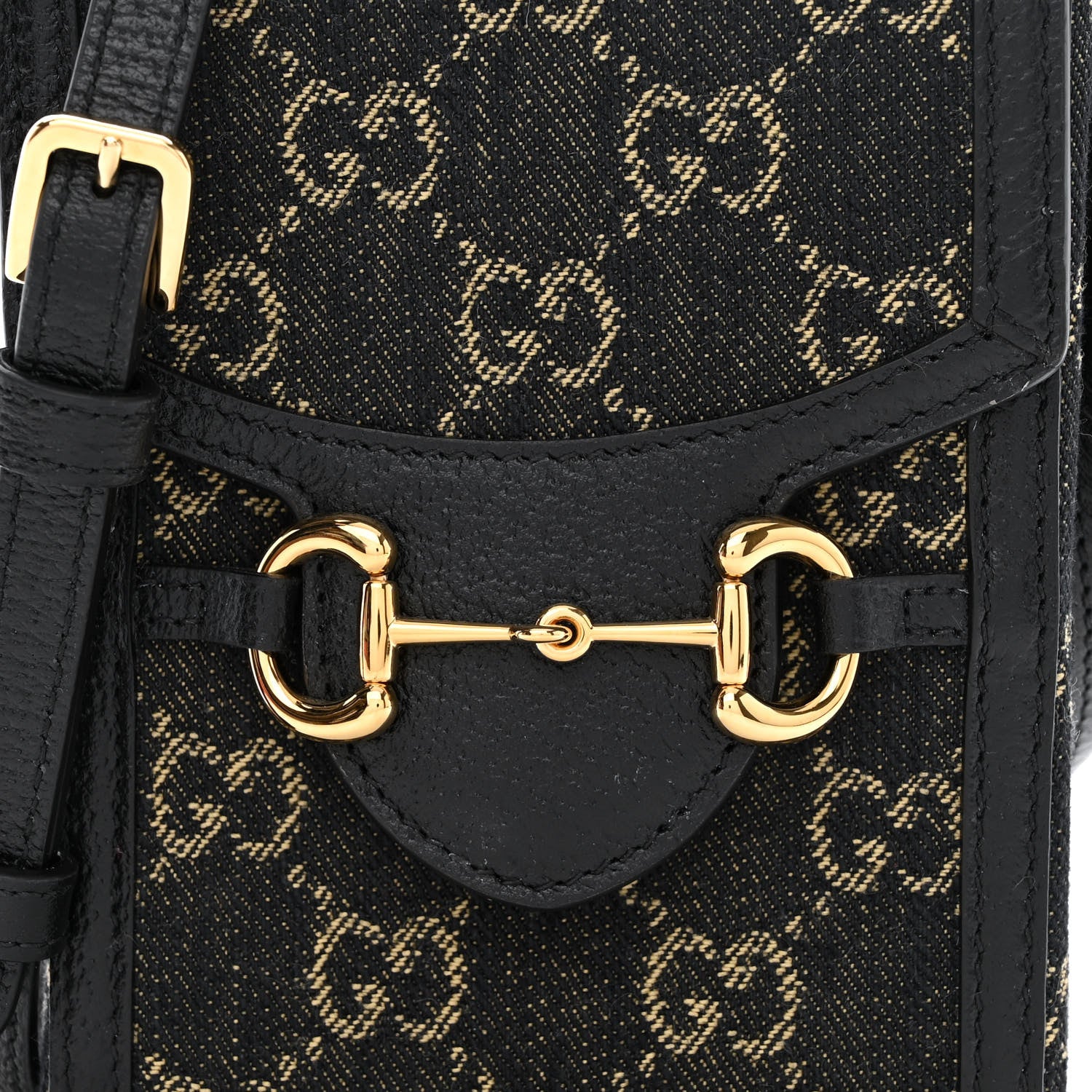 Gucci Jacquard Black Denim GG Monogram Textured Dollar Calfskin Mini Horsebit 1955 Crossbody Bag Black Ivory 8 of 10