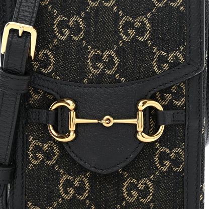 Gucci Jacquard Black Denim GG Monogram Textured Dollar Calfskin Mini Horsebit 1955 Crossbody Bag Black Ivory 8 of 10
