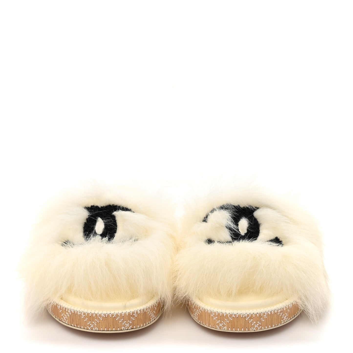 Shearling Lambskin CC Mules Sandal 37.5 White Black