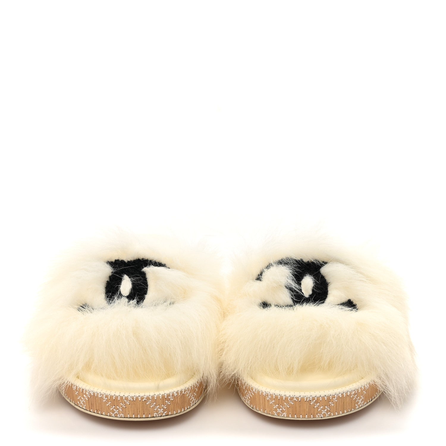 Chanel Shearling Lambskin CC Mules Sandal 37.5 White Black 2 of 10