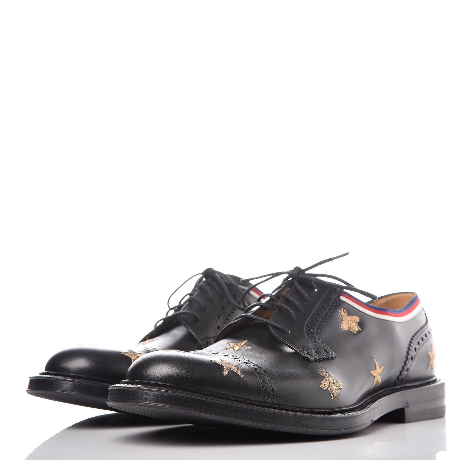 Gucci Calfskin Bee Star Embroidered Mens Captoe Derby Loafers 9 Black 3 of 11