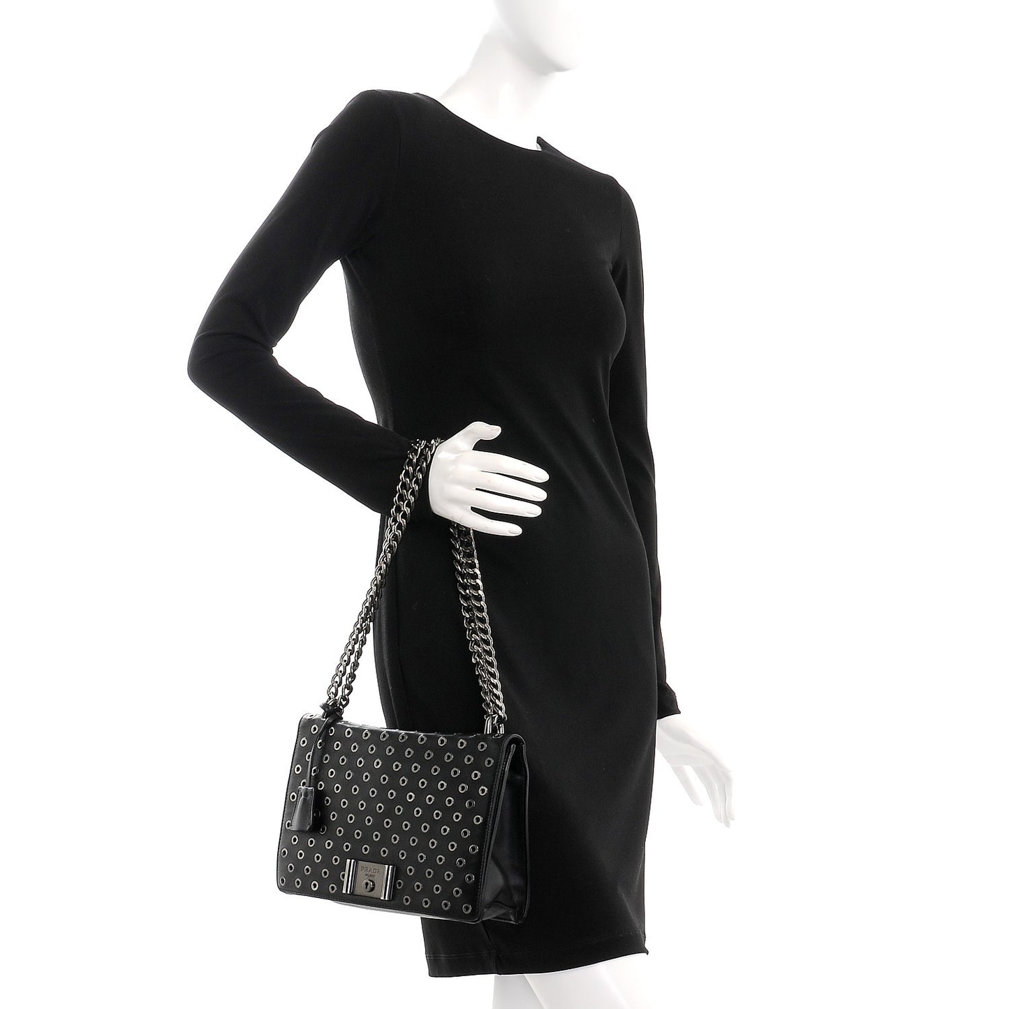 Soft Calf Grommet Lock Flap Chain Shoulder Bag Black