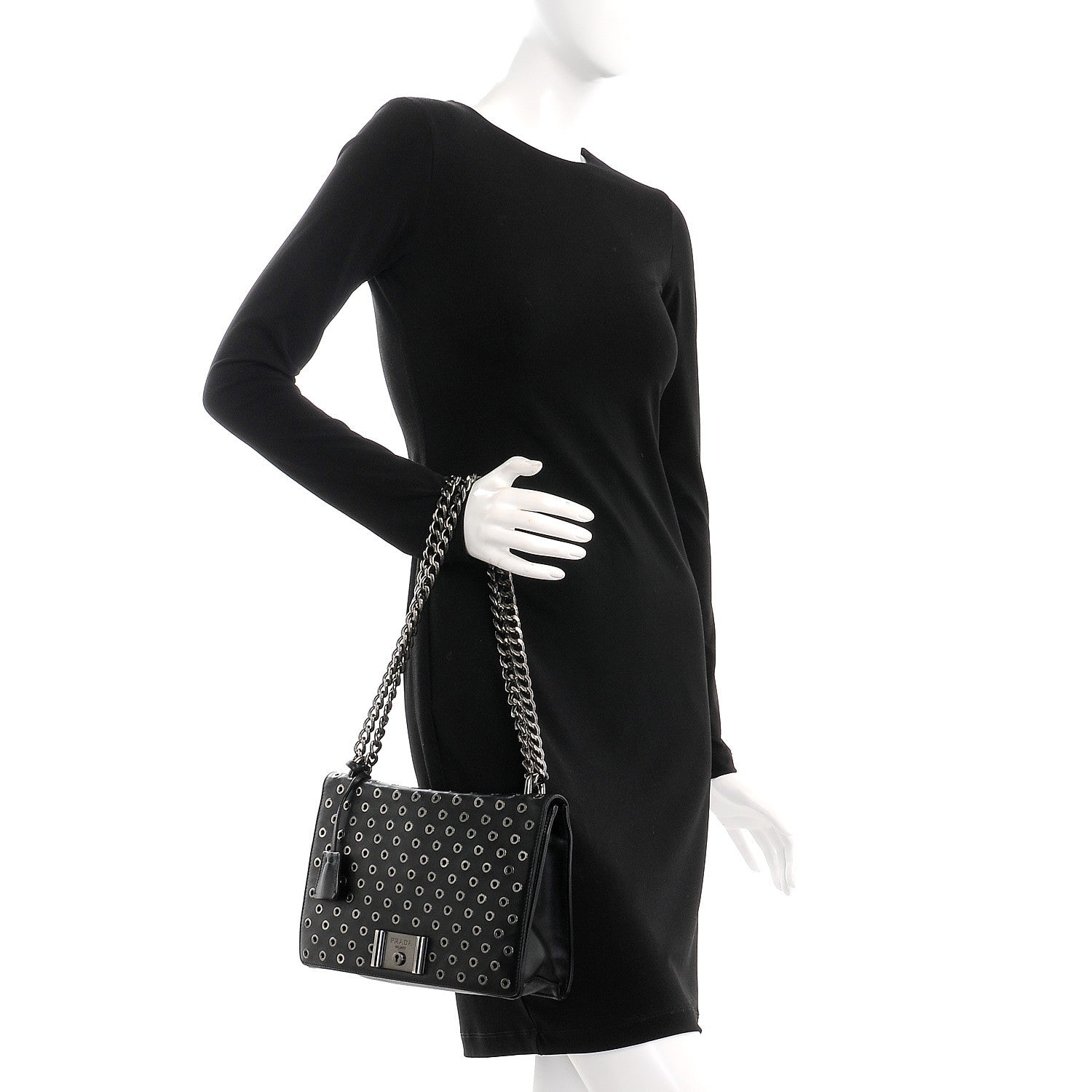 Prada Soft Calf Grommet Lock Flap Chain Shoulder Bag Black 3 of 8