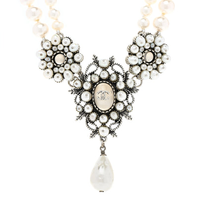 Chanel Crystal Pearl CC Leaf Necklace Silver 4 of 6