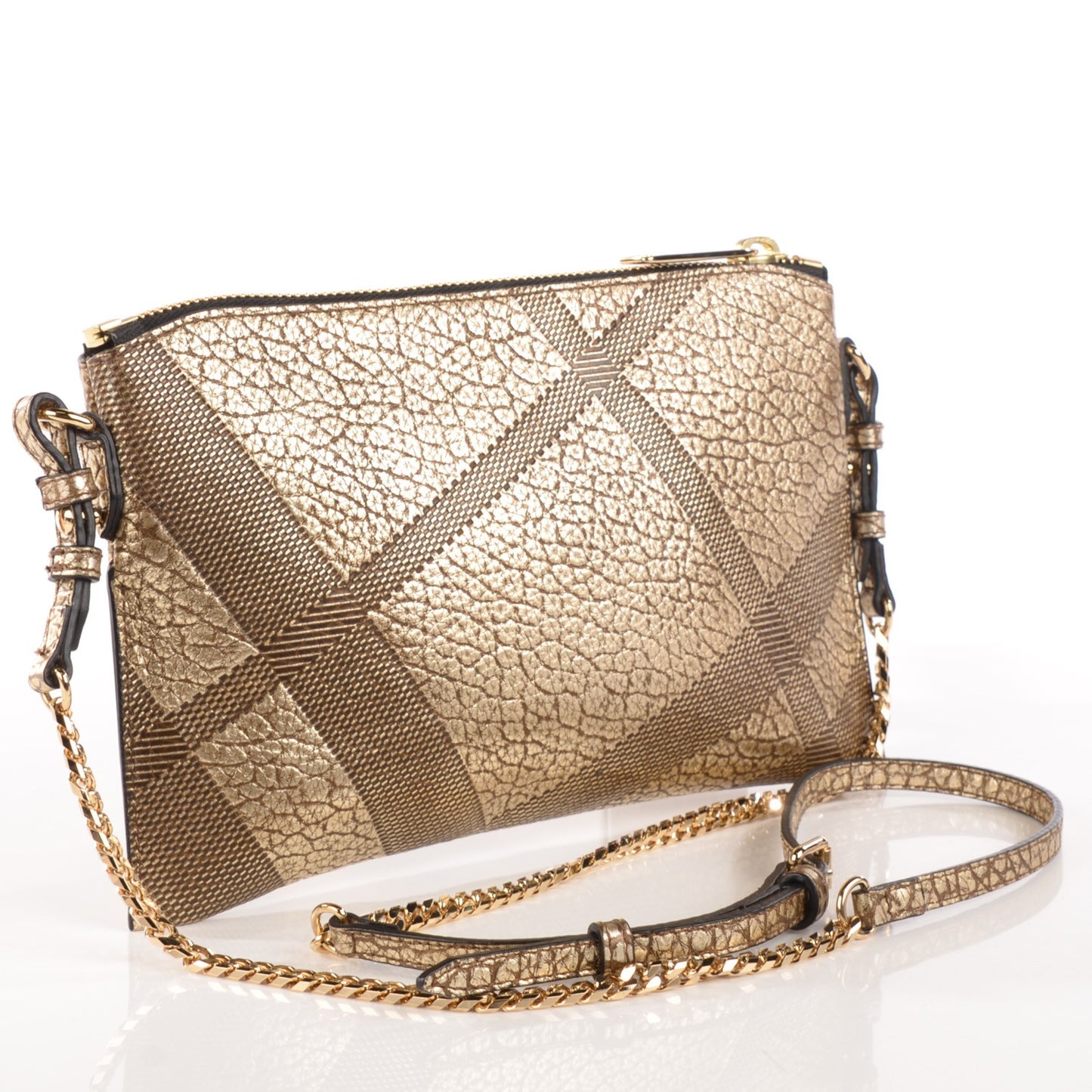 Metallic Signature Grain Calfskin Check Embossed Peyton Crossbody Clutch Bag Gold