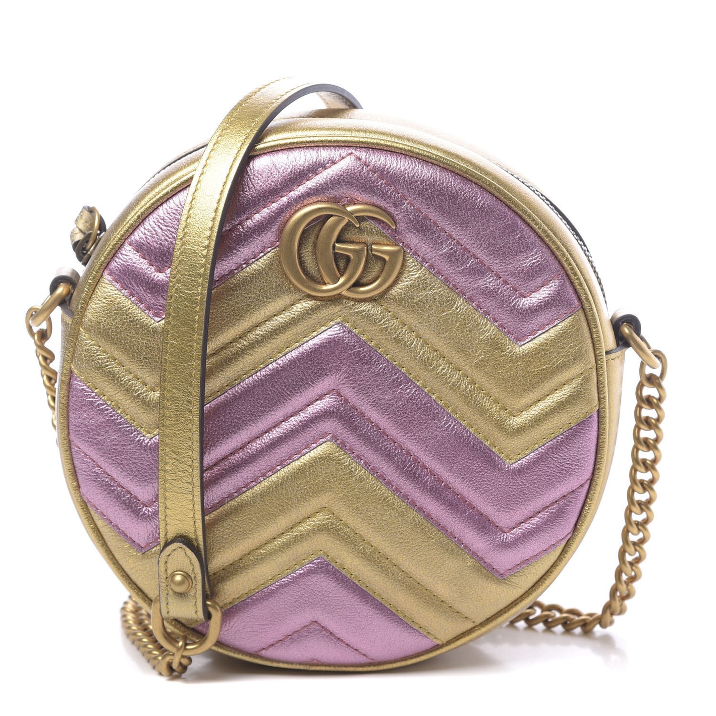 Metallic Calfskin Matelasse Mini GG Marmont Round Shoulder Bag Gold Pink
