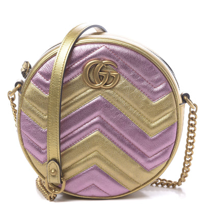 Gucci Metallic Calfskin Matelasse Mini GG Marmont Round Shoulder Bag Gold Pink 1 of 10