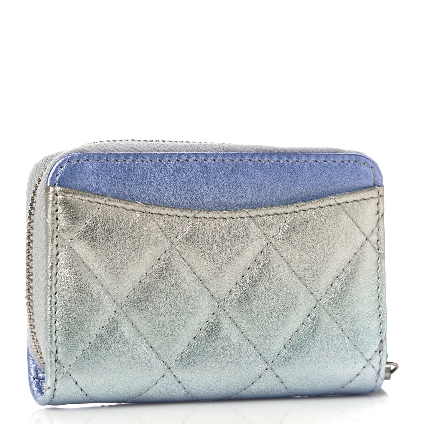 Gradient Metallic Calfskin Quilted Zip Around Coin Purse Wallet Silver Blue Yellow Purple