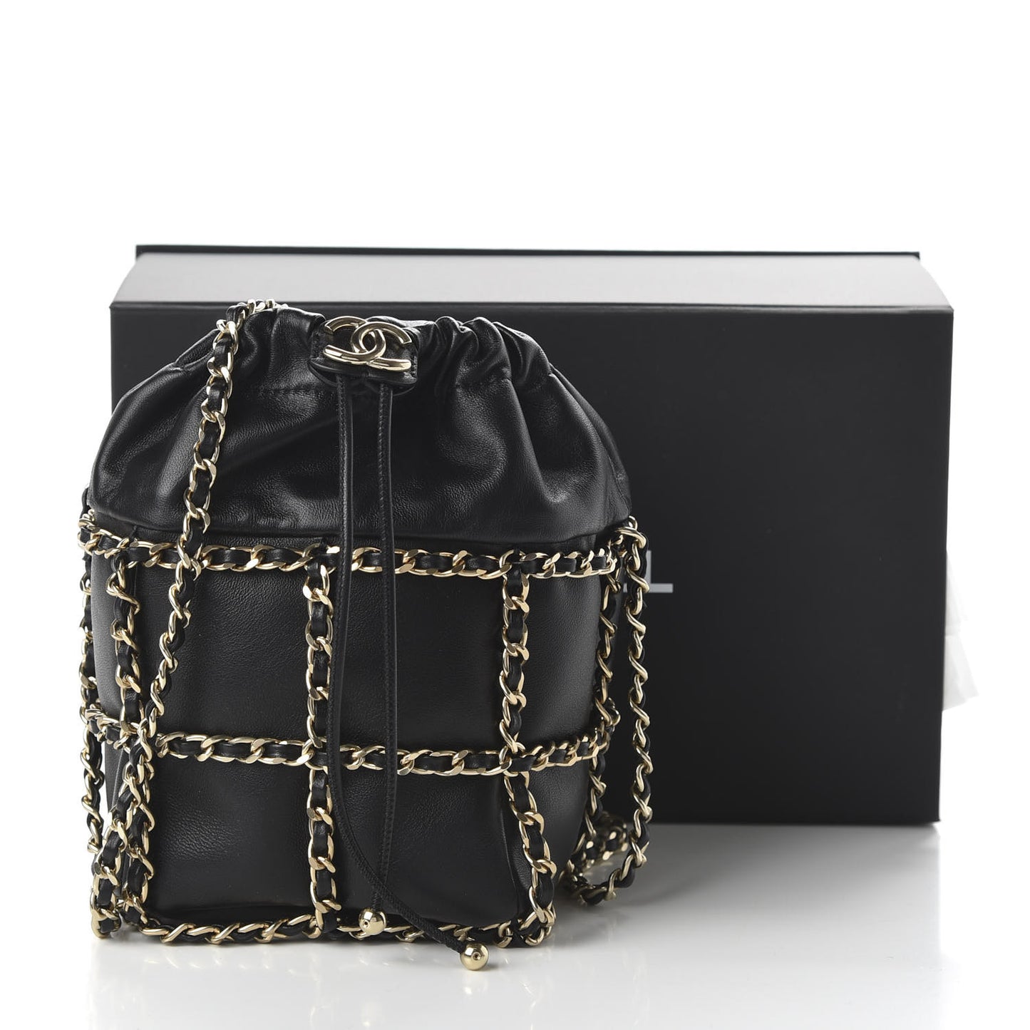 Lambskin Bucket Chain Drawstring Bag Black