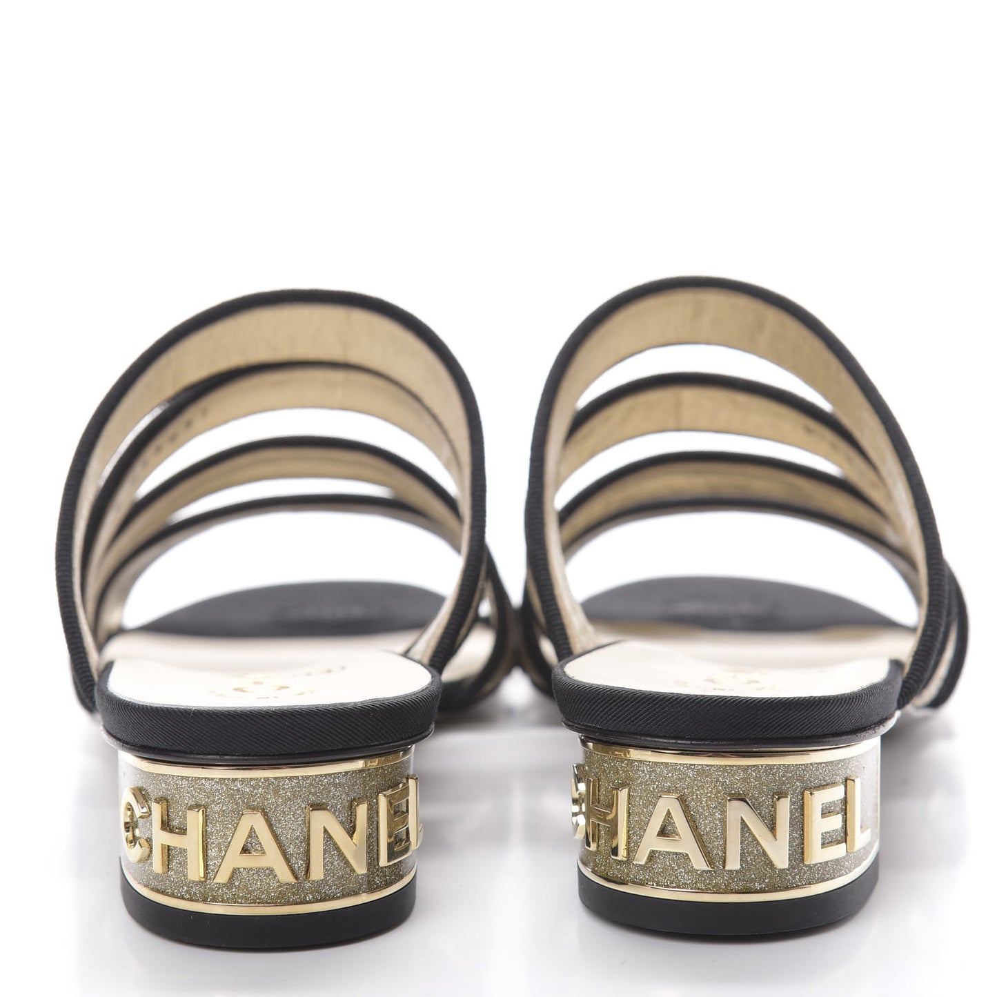 Sequin Grosgrain Logo Mules 37 Black Gold