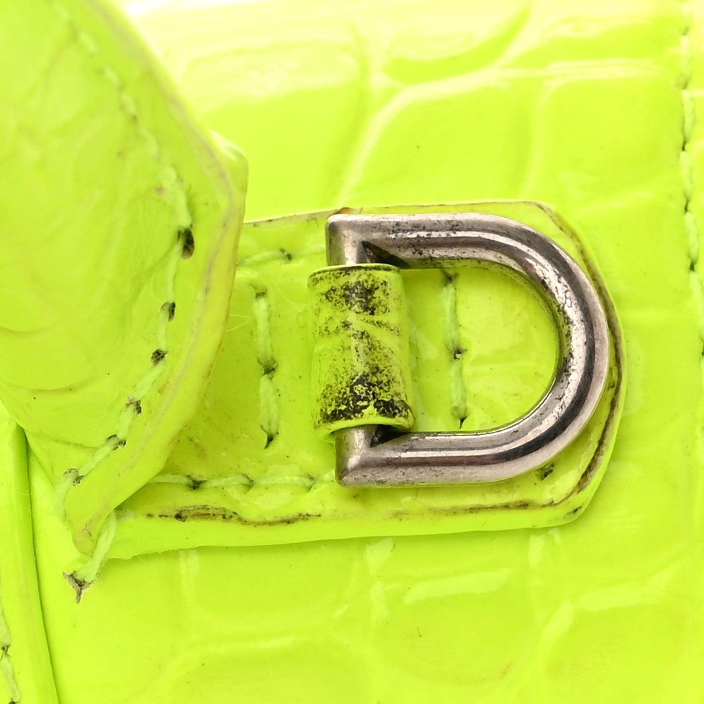 Shiny Calfskin Crocodile Embossed Hourglass Top Handle Bag XS Fluo Yellow