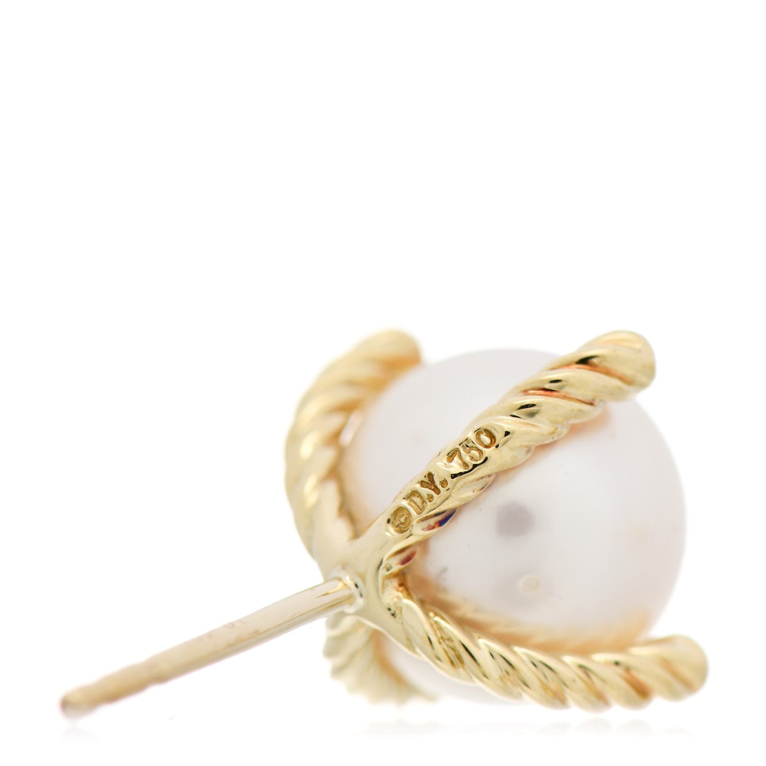 David Yurman 18K Yellow Gold Diamond Pearl 10mm Cable Stud Earrings 4 of 5