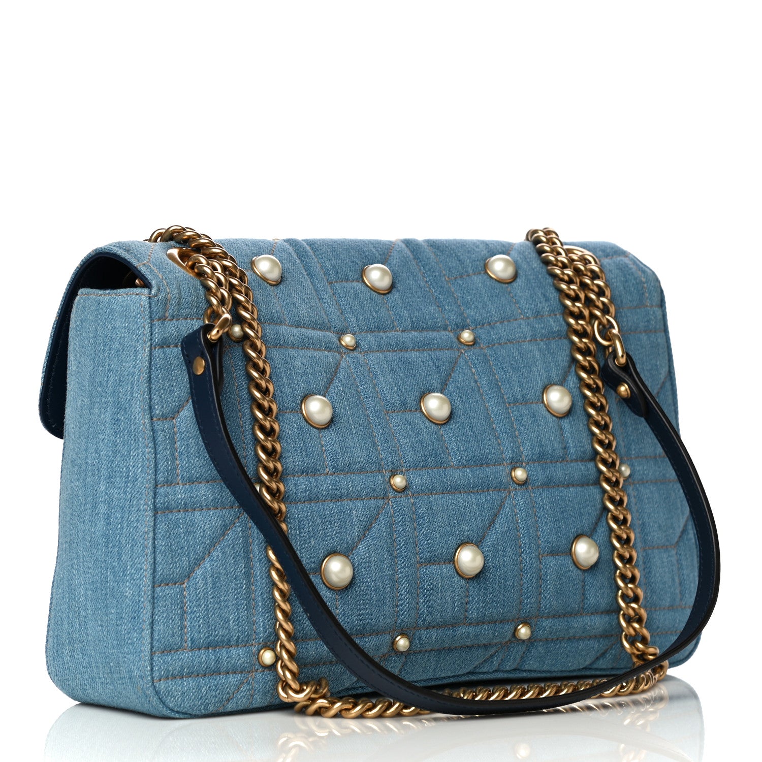 Gucci Kura Denim Matelasse Cubic Pearl Studded Medium GG Marmont Shoulder Bag Blue 3 of 13
