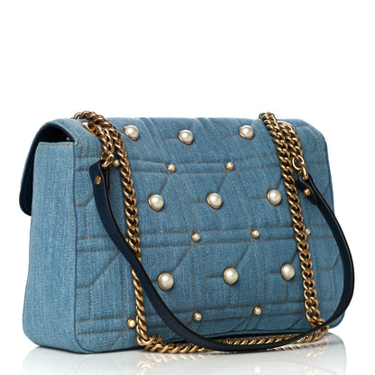 Gucci Kura Denim Matelasse Cubic Pearl Studded Medium GG Marmont Shoulder Bag Blue 3 of 13