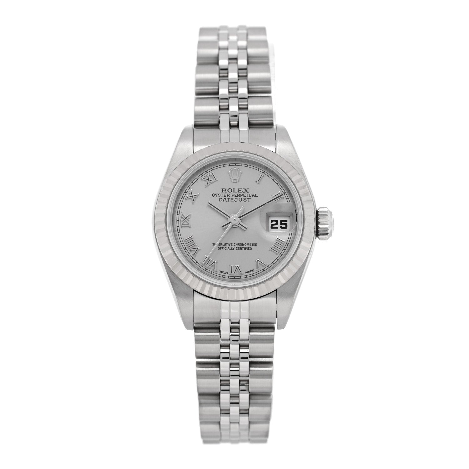 Rolex Stainless Steel 18K White Gold 26mm Oyster Perpetual Datejust Watch Silver Roman 79174 1 of 5