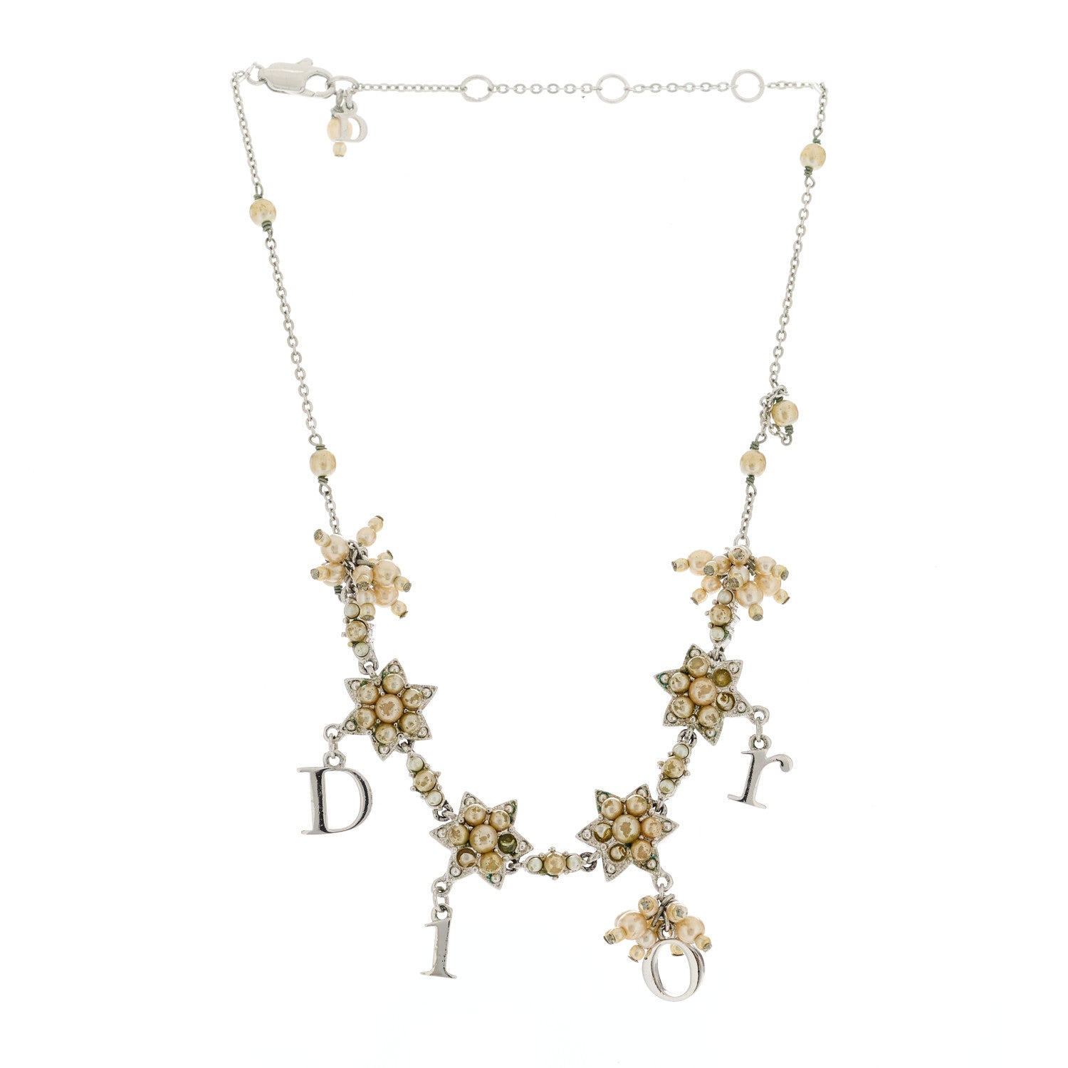 Christian Dior Pearl Logo Flower Necklace Silver 2 of 4