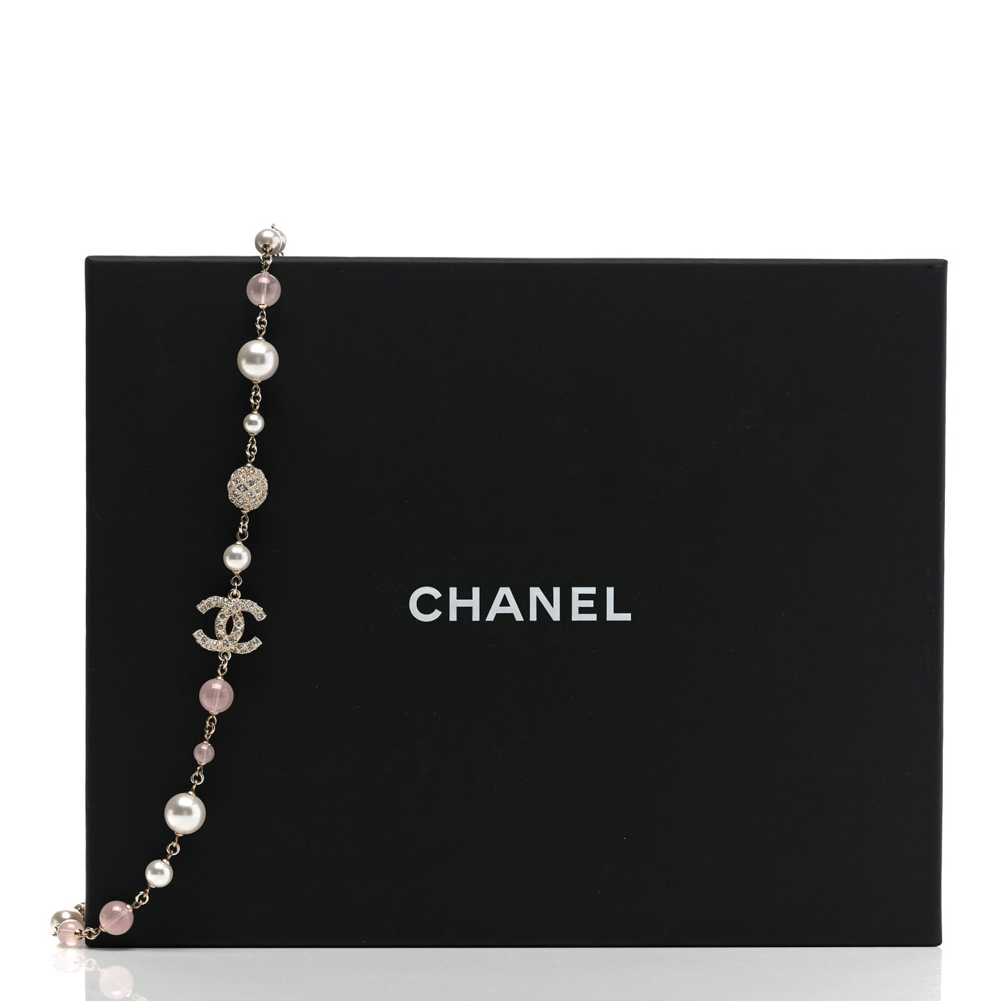 Pearl Beaded Crystal CC Long Necklace Gold Pearly White Pink