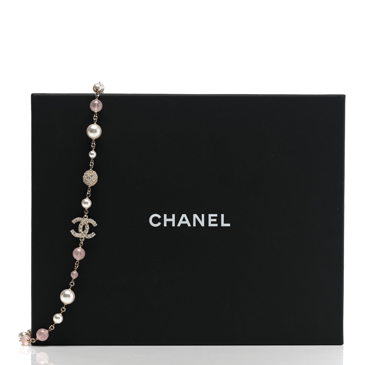 Chanel Pearl Beaded Crystal CC Long Necklace Gold Pearly White Pink 6 of 6