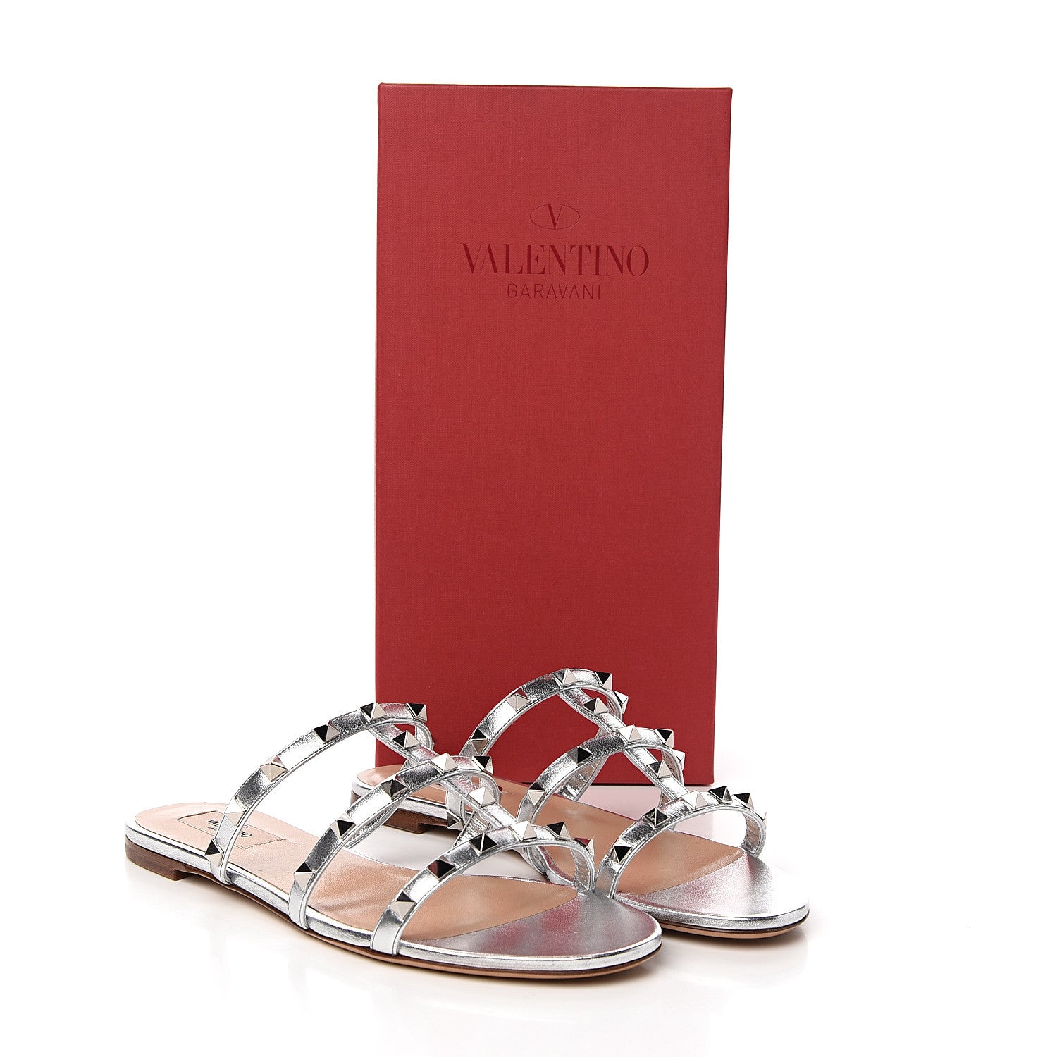 Valentino Garavani Metallic Nappa Rockstud Caged Flat Slide Sandals 39 Silver 9 of 9