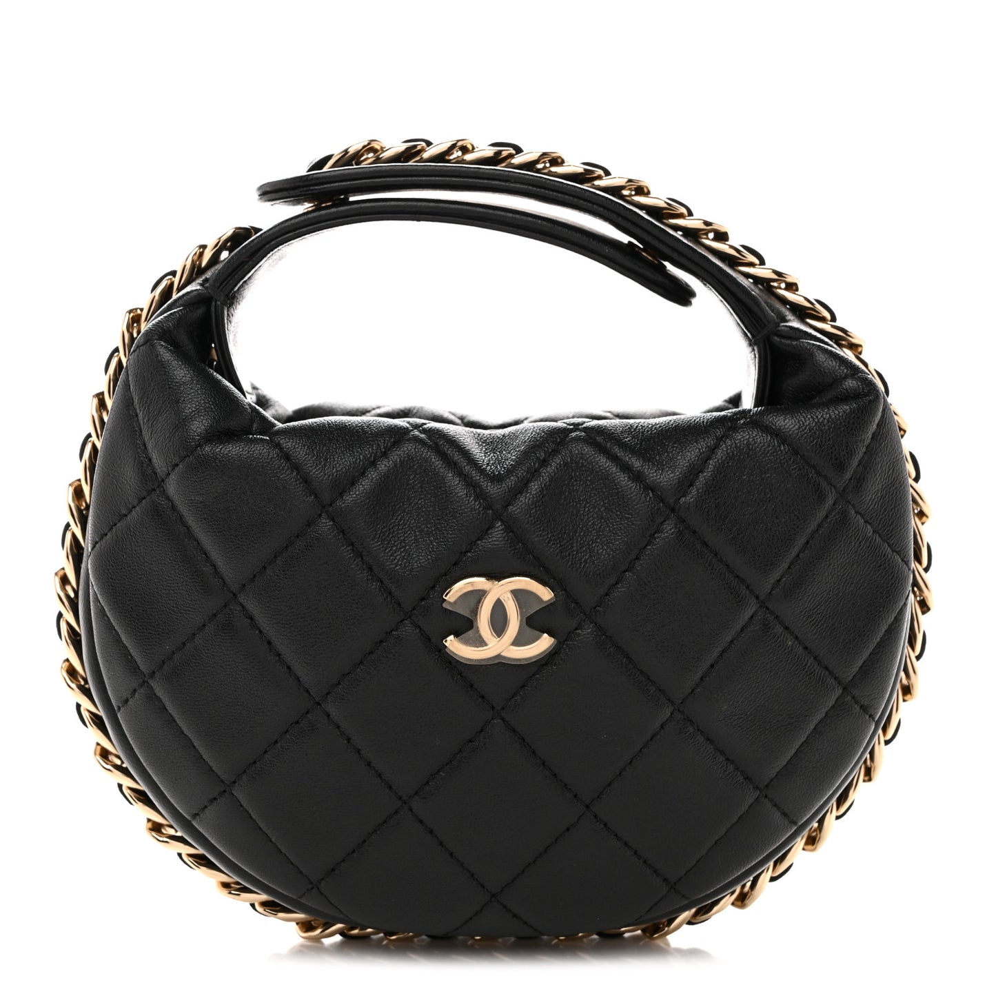 Lambskin Quilted Chain Around Pouch Hobo Black