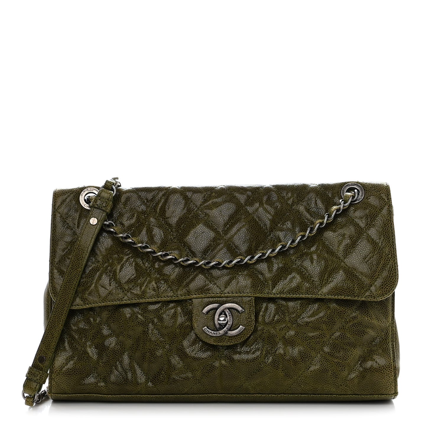 Crumpled Grained Calfskin Jumbo CC Crave Flap Green
