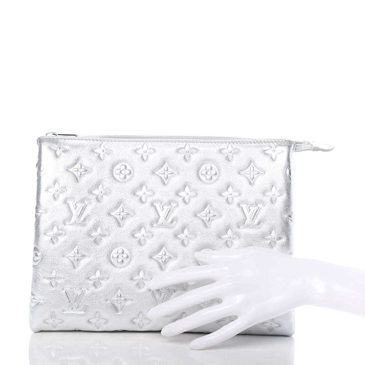 Metallic Lambskin Embossed Monogram Coussin PM Silver