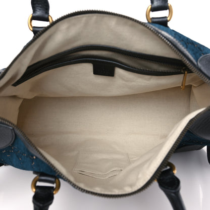 Gucci Velvet GG Monogram Textured Calfskin Web Medium Duffle Bag Blue Beige Black 5 of 9