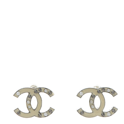 Chanel Enamel Pearl Crystal CC Earrings White 1 of 7