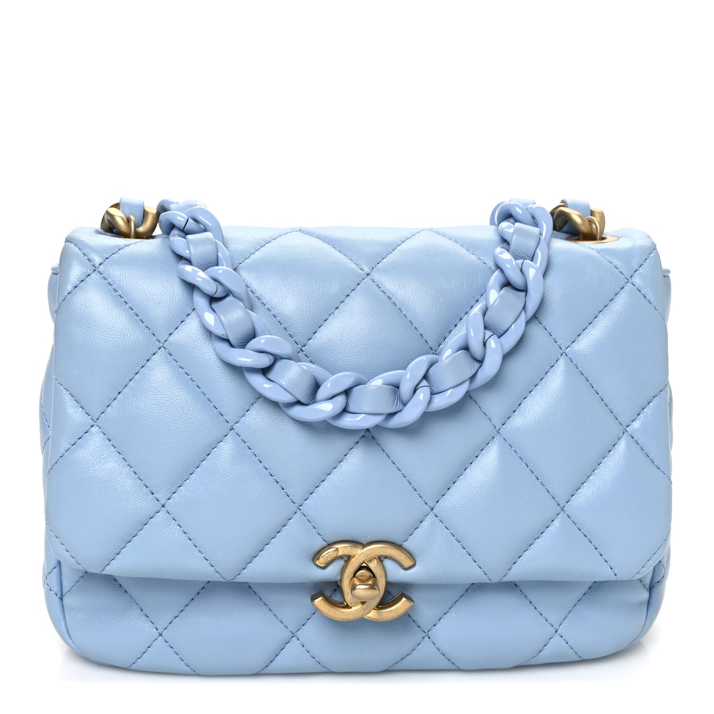 Lambskin Quilted Small Lacquered Chain Flap Light Blue