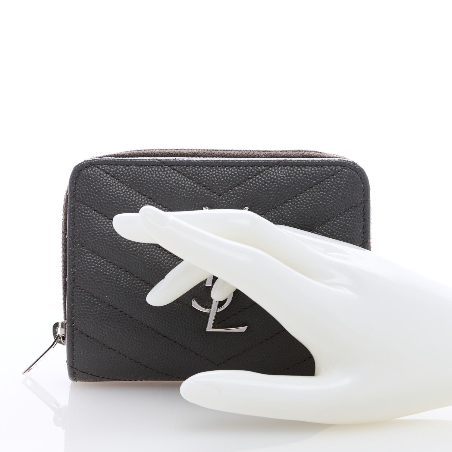 Saint Laurent Grain De Poudre Matelasse Chevron Monogram Compact Zip Around Wallet Fog 2 of 6