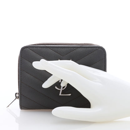 Saint Laurent Grain De Poudre Matelasse Chevron Monogram Compact Zip Around Wallet Fog 2 of 6