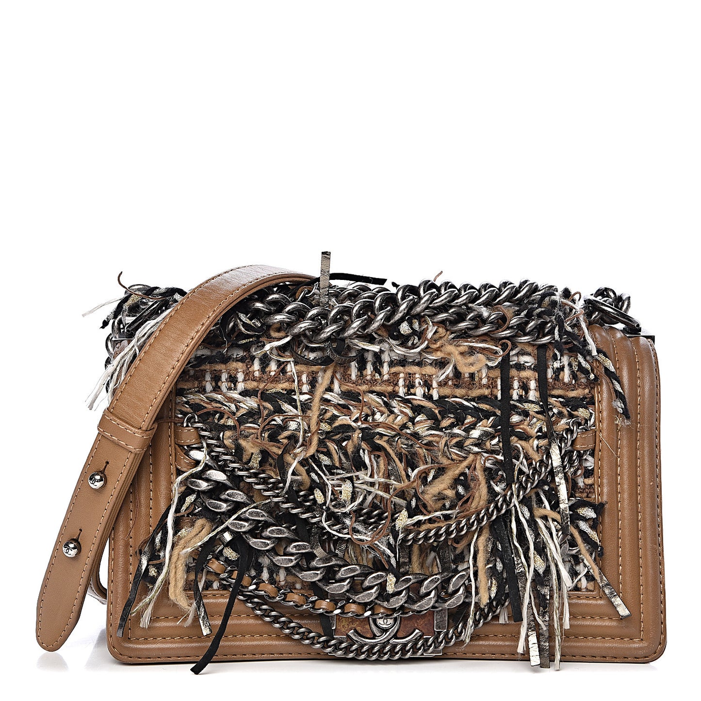 Calfskin Tweed Enchained Medium Boy Flap Brown