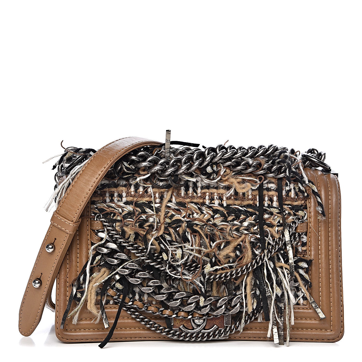Chanel Calfskin Tweed Enchained Medium Boy Flap Brown 1 of 11