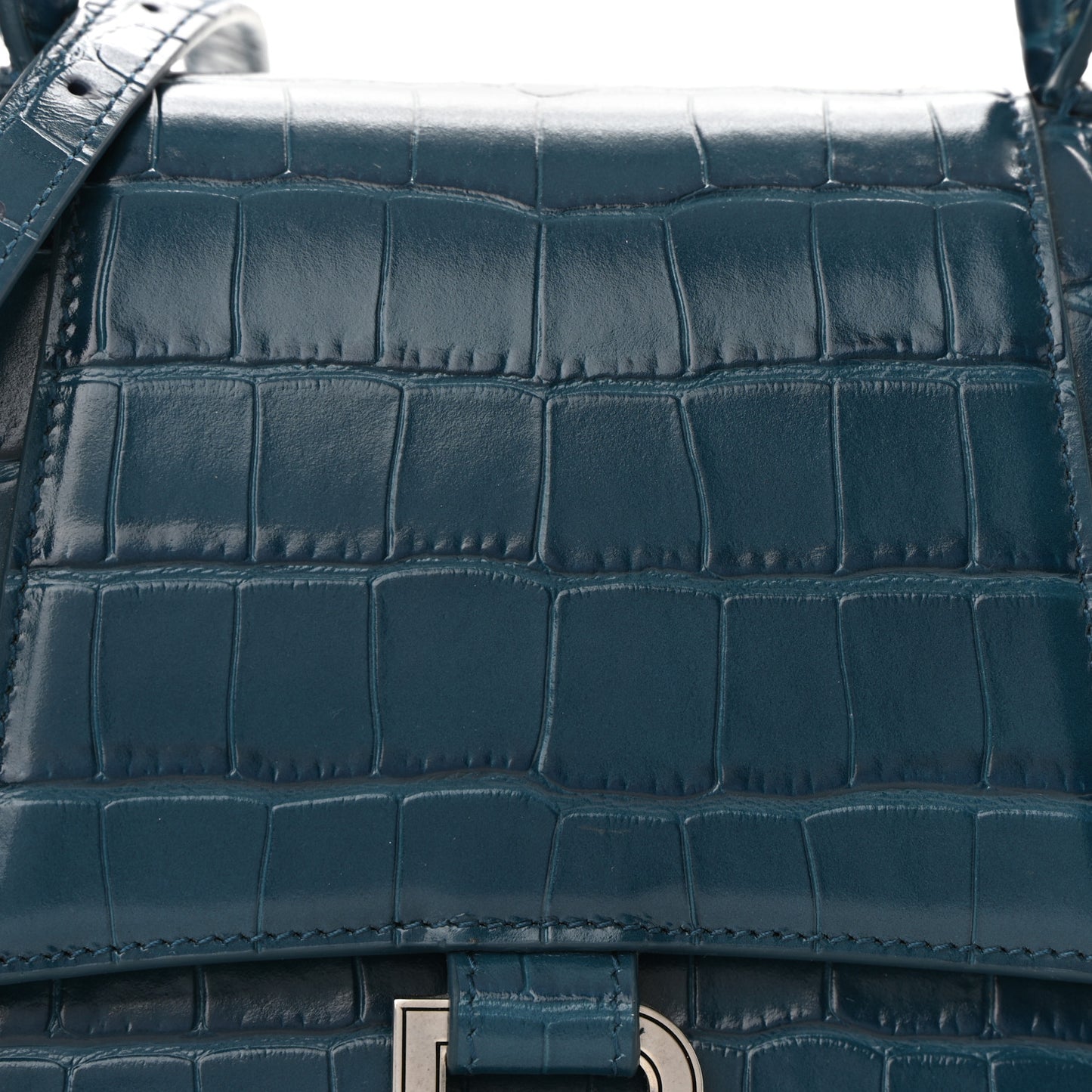 Shiny Calfskin Crocodile Embossed Small Hourglass Top Handle Bag Dark Petrol Blue