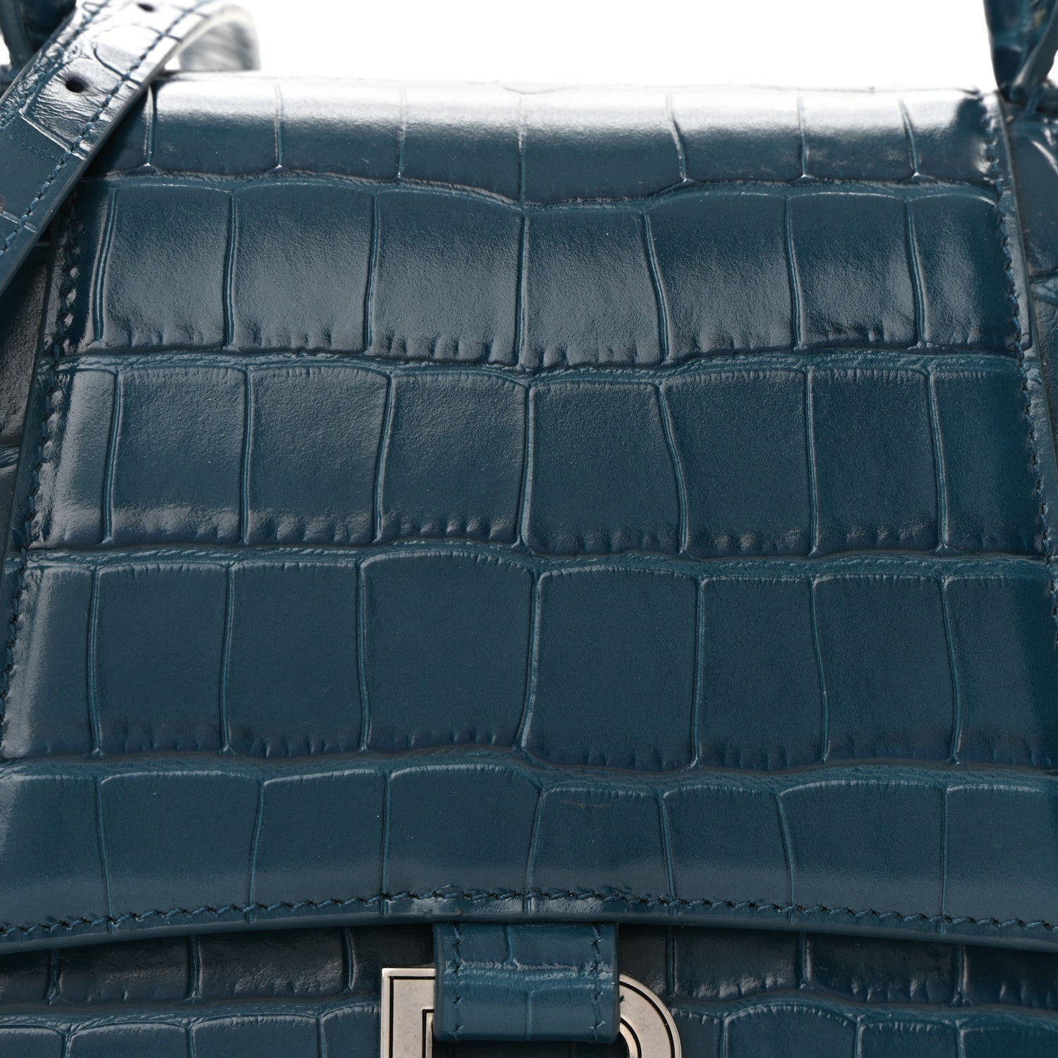 Balenciaga Shiny Calfskin Crocodile Embossed Small Hourglass Top Handle Bag Dark Petrol Blue 8 of 10