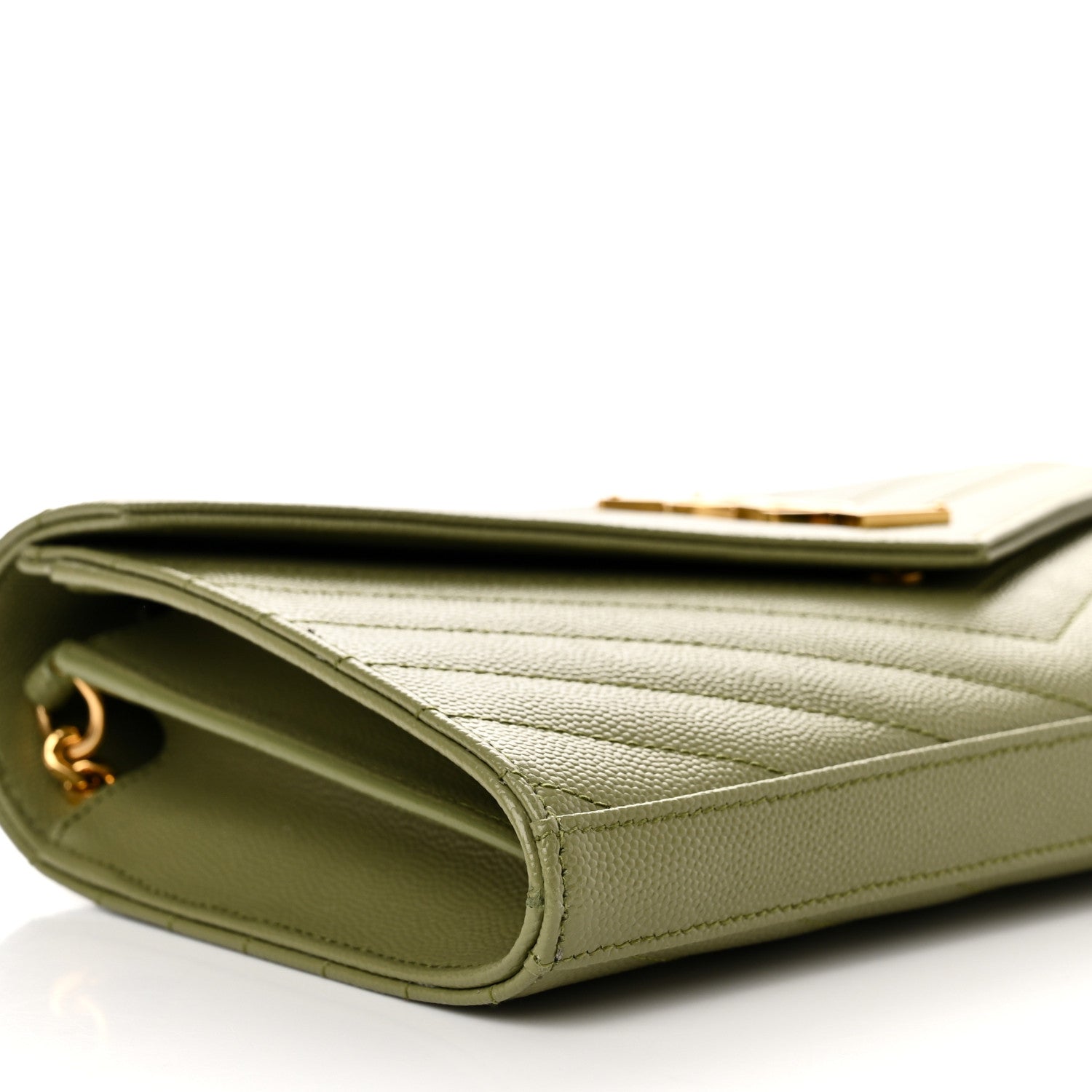 Saint Laurent Grain De Poudre Matelasse Chevron Monogram Chain Wallet Light Sage 8 of 10