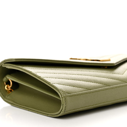 Saint Laurent Grain De Poudre Matelasse Chevron Monogram Chain Wallet Light Sage 8 of 10