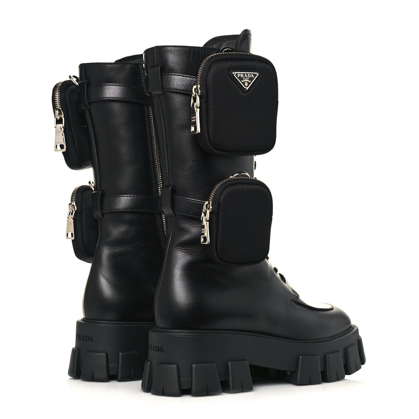 Vitello Lux Nylon Metal Triangle Logo Monolith Pouch Pocket 55mm Tall Combat Boots 40.5 Black