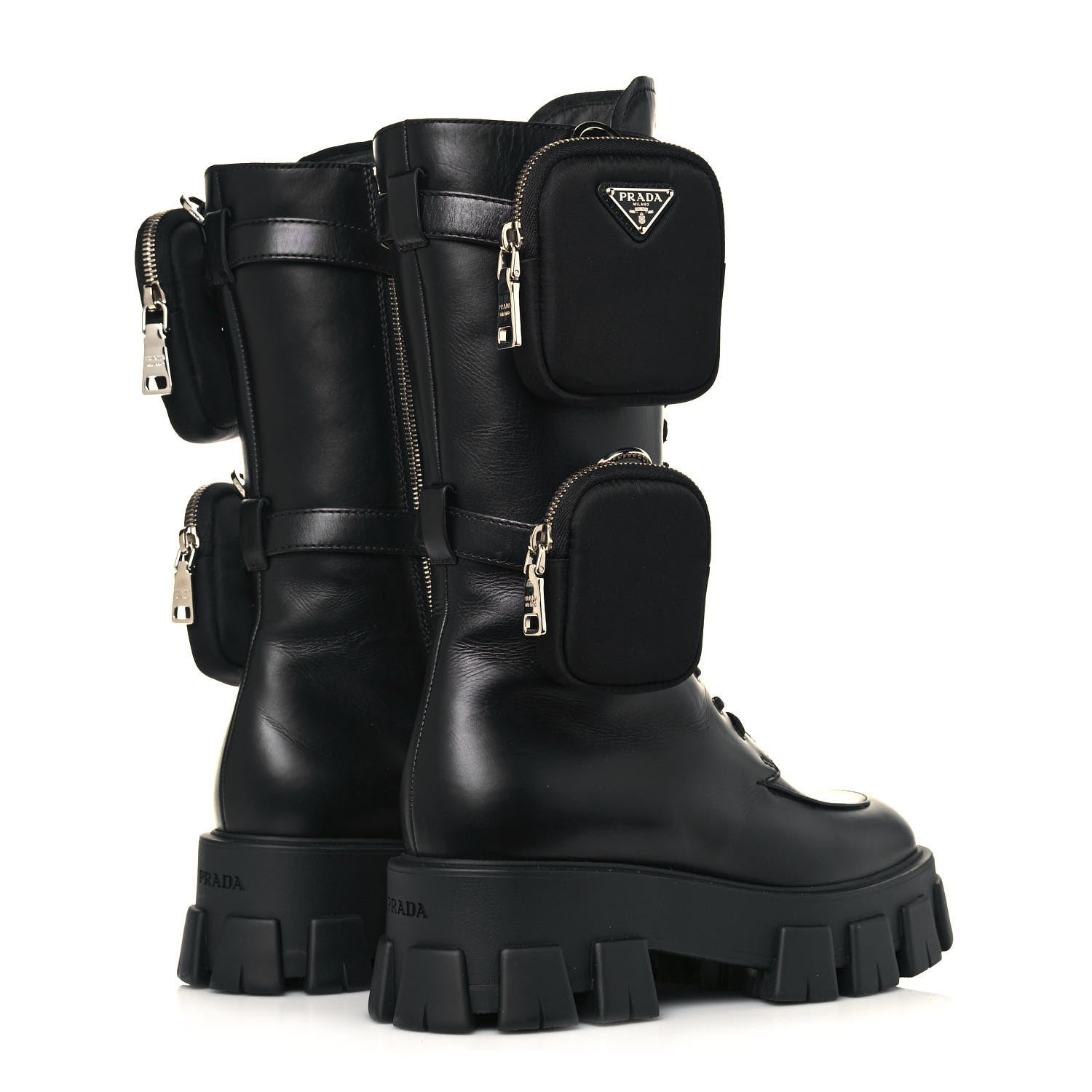 Prada Vitello Lux Nylon Metal Triangle Logo Monolith Pouch Pocket 55mm Tall Combat Boots 40.5 Black 4 of 10