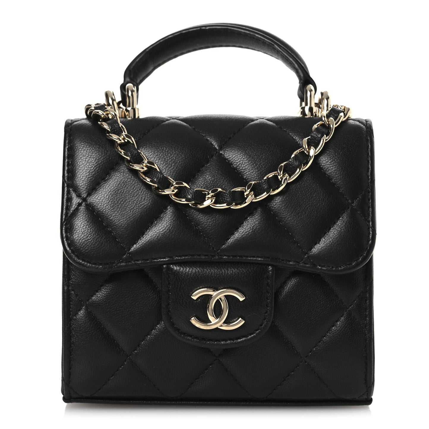 Lambskin Quilted Top Handle Flap Clutch With Chain Black