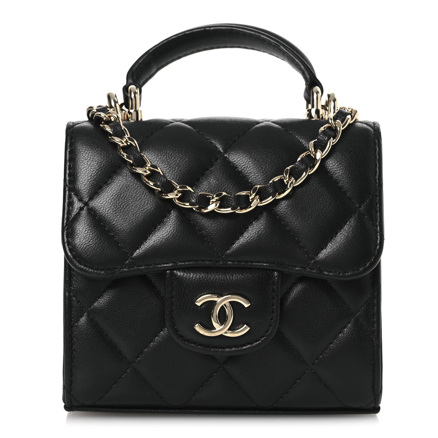 Chanel Lambskin Quilted Top Handle Flap Clutch With Chain Black 1 of 11