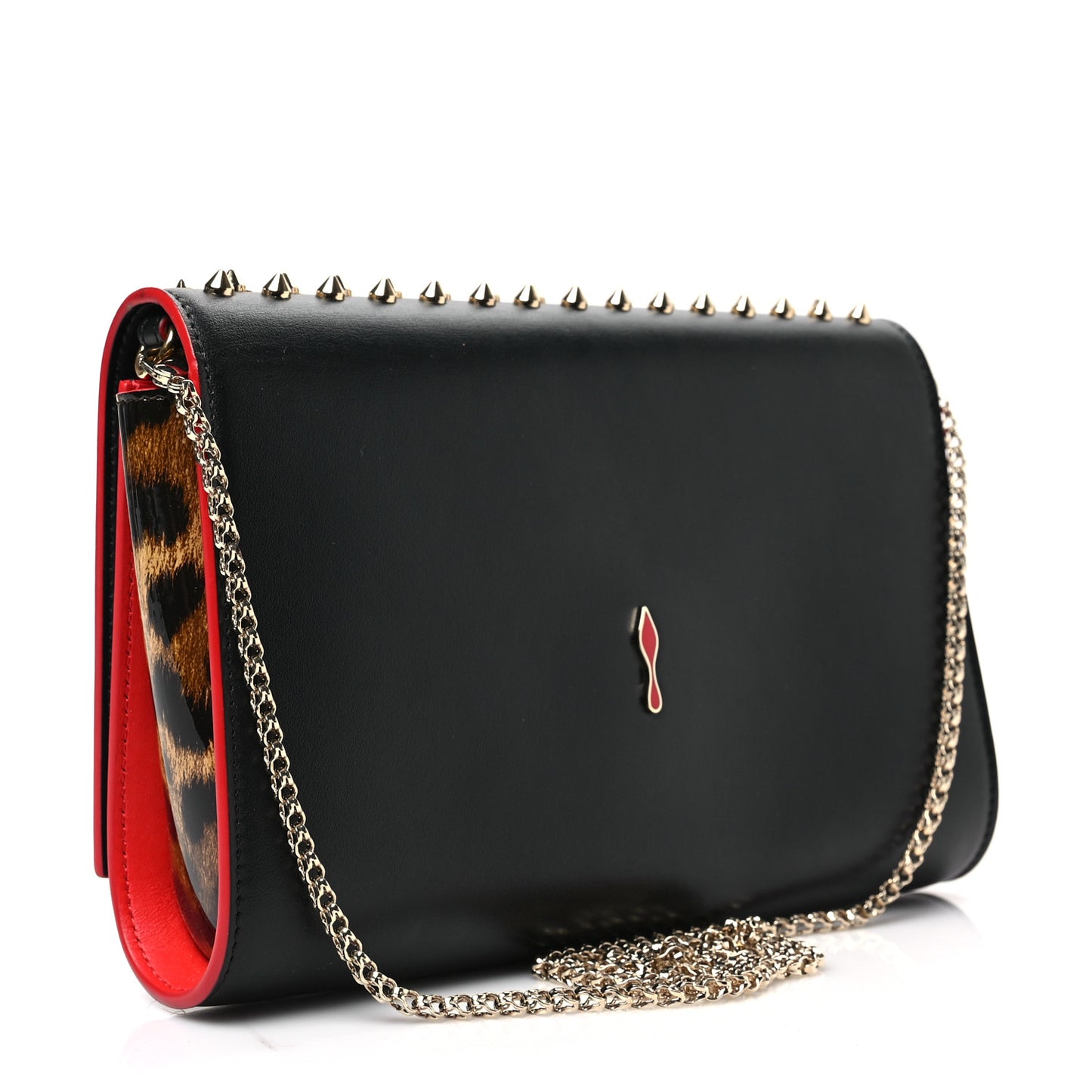 Calfskin Patent Leopard Spikes Paloma Clutch Black