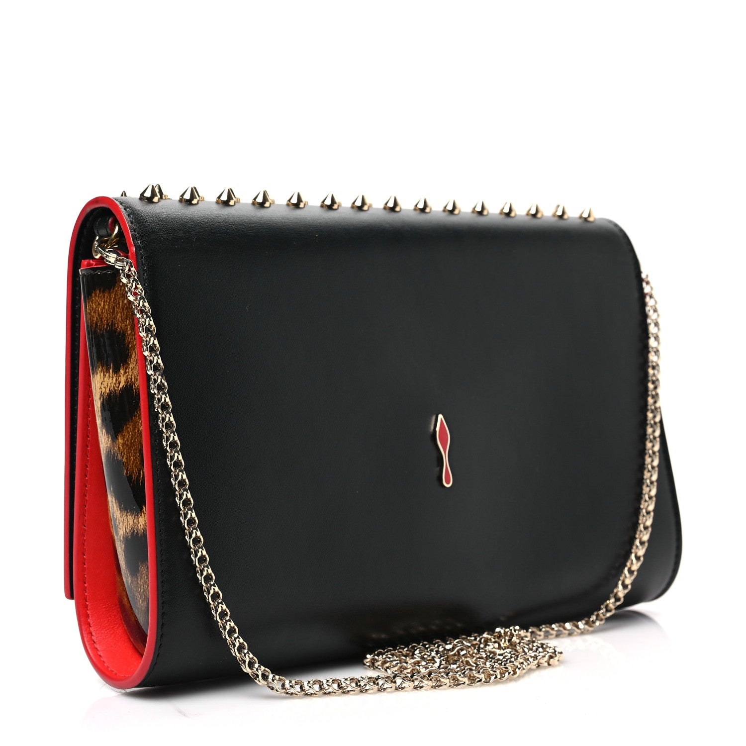 Christian Louboutin Calfskin Patent Leopard Spikes Paloma Clutch Black 3 of 8