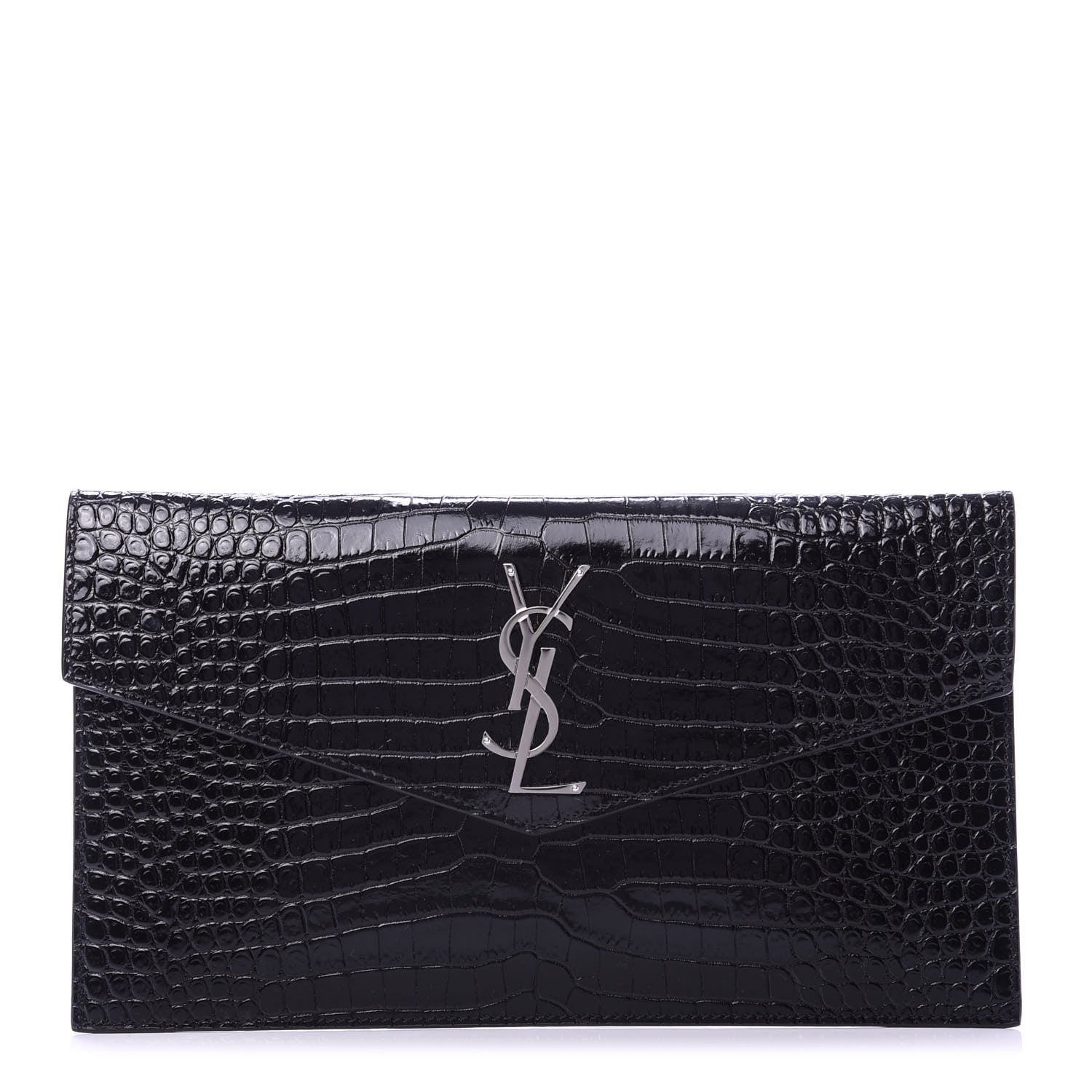 Saint Laurent Calfskin Crocodile Embossed Uptown Monogram Clutch Black 1 of 10