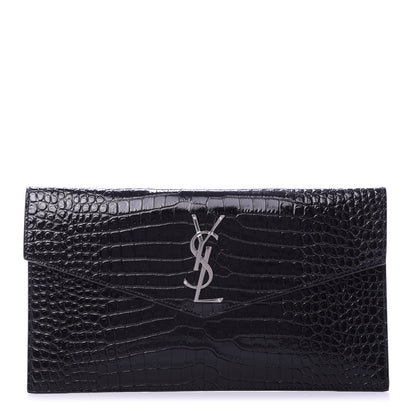 Saint Laurent Calfskin Crocodile Embossed Uptown Monogram Clutch Black 1 of 10