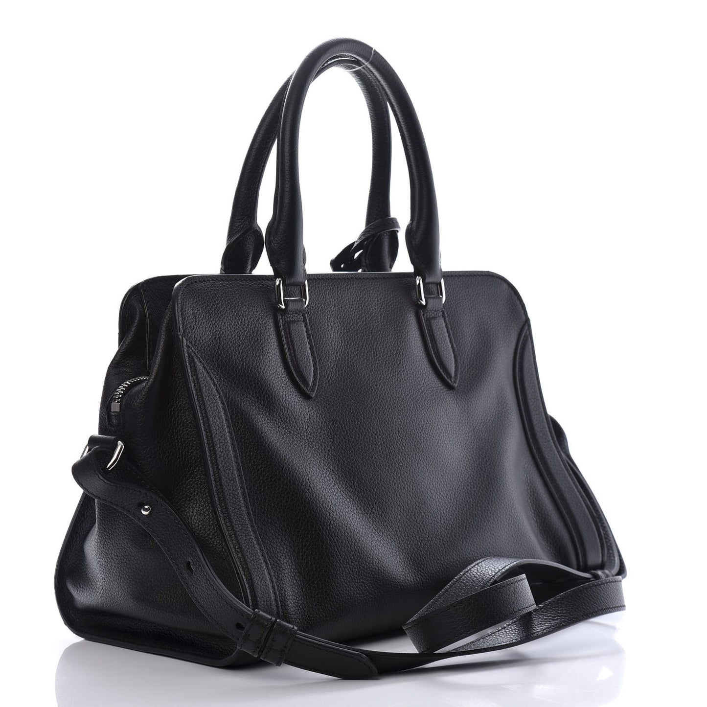 Pebbled Calfskin Small Skull Padlock Zip Around Tote Black