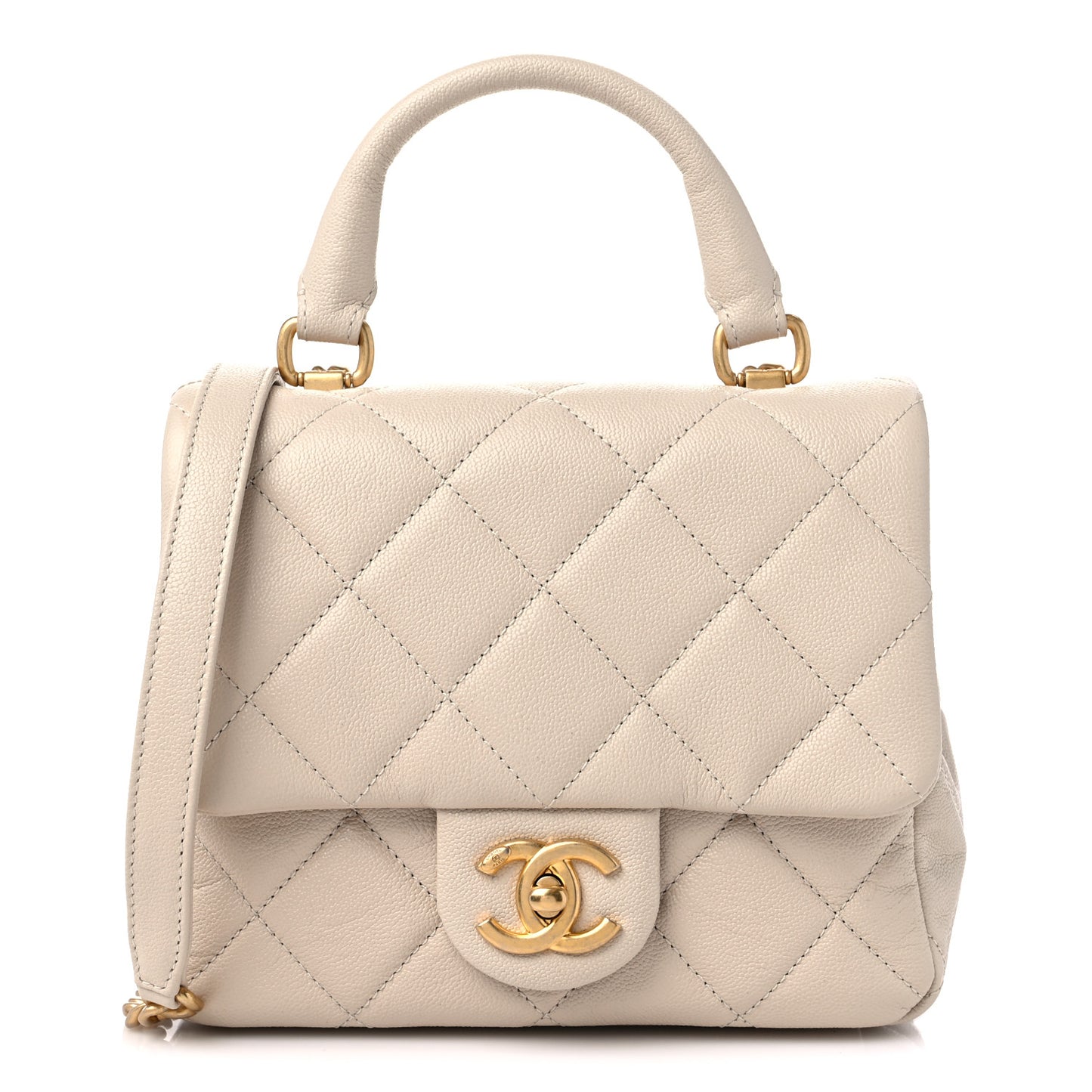 Shiny Caviar Quilted Mini Top Handle Flap Ecru