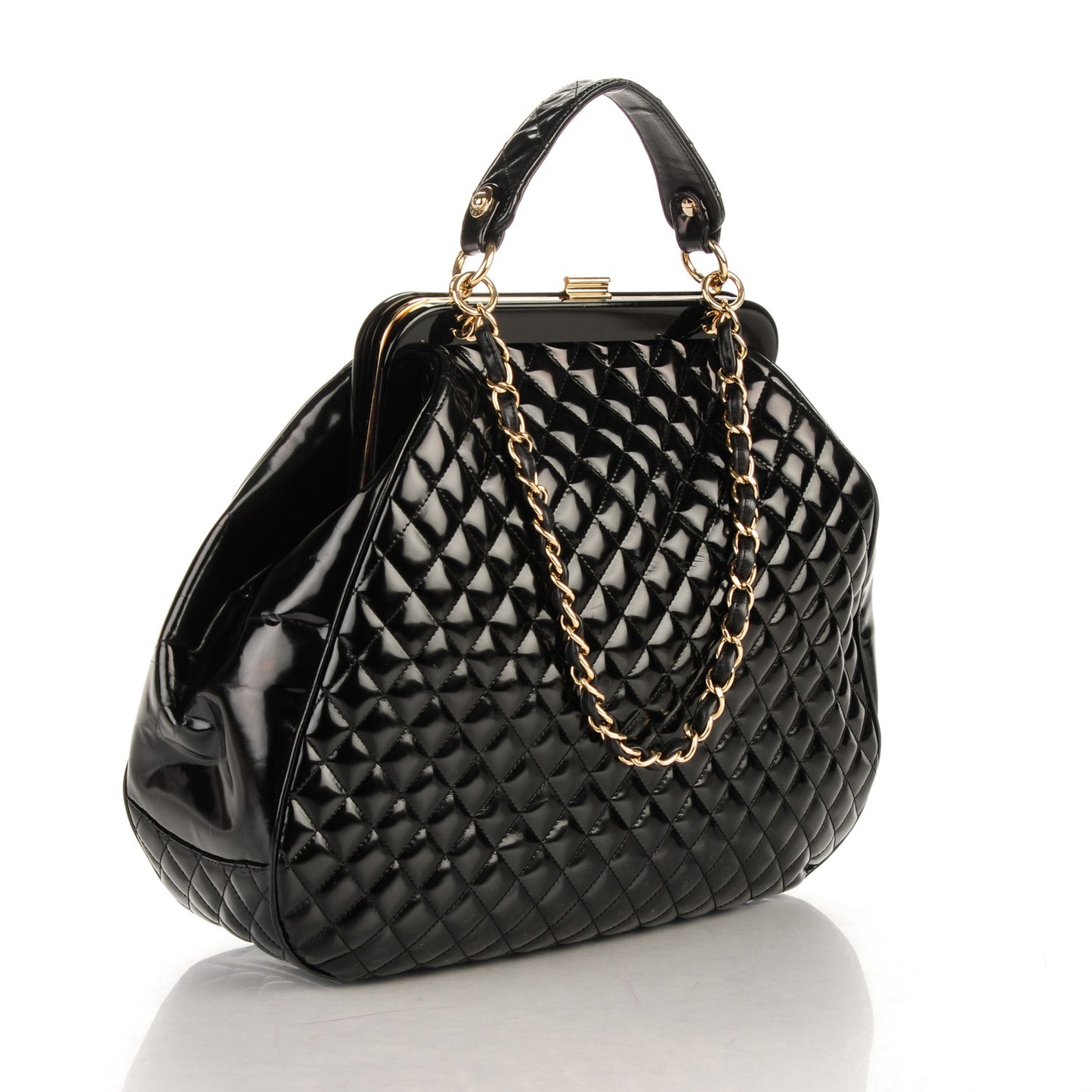 Glazed Calfskin Quilted Mademoiselle Large Frame Bag Black